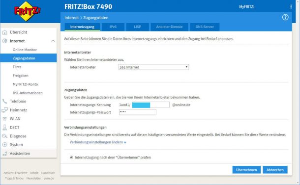 Fritzbox Internet Zugangsdaten für 1und1 DSL eingeben