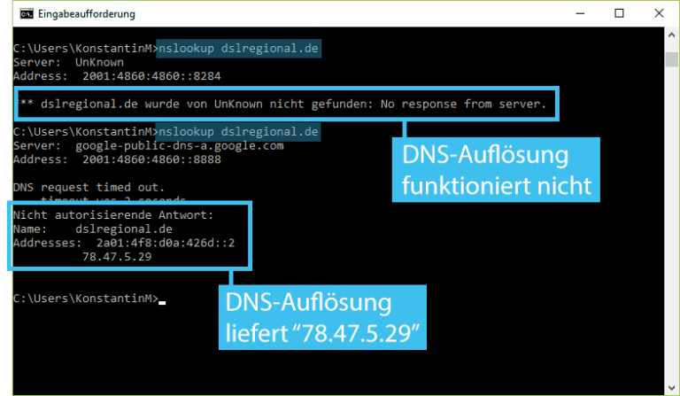 Mit dem Befehl nslookup den DNS-Server überprüfen