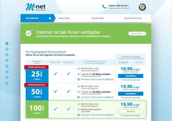 M-Net Internet verfügbar: Ergebnis - 25, 50 und 100 Mbit/s