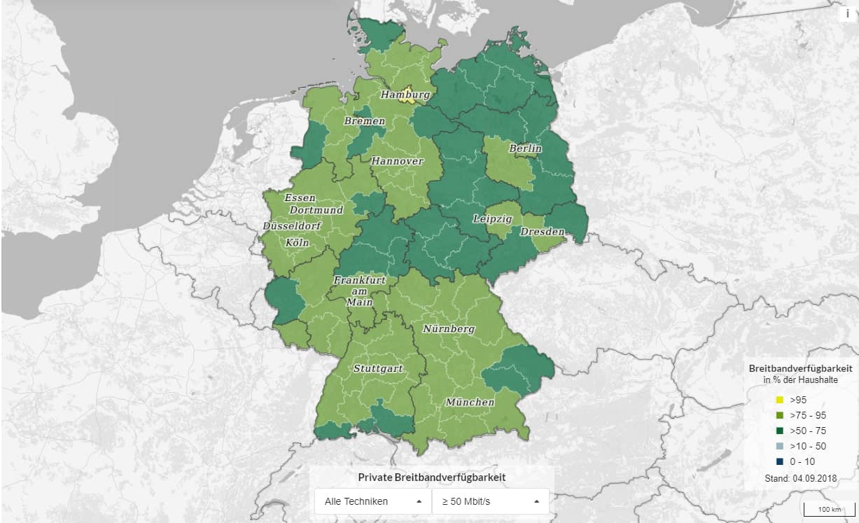 Breitband Verfügbarkeit mit 50 Mbit/s in Deutschland